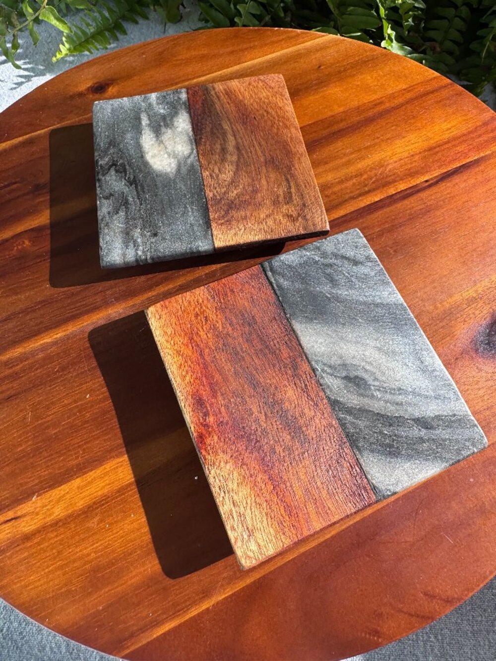 Artisan Acacia Wood and Marble Coaster Set of 2, Modern Stone Drink Coasters